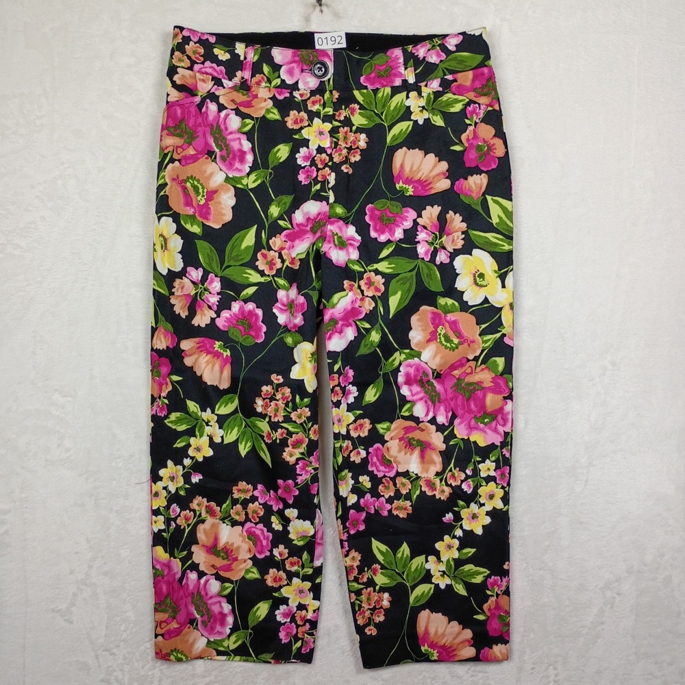 Counterparts Floral Crop Pants Black Pink Orange Yellow Stretch Trousers 10
